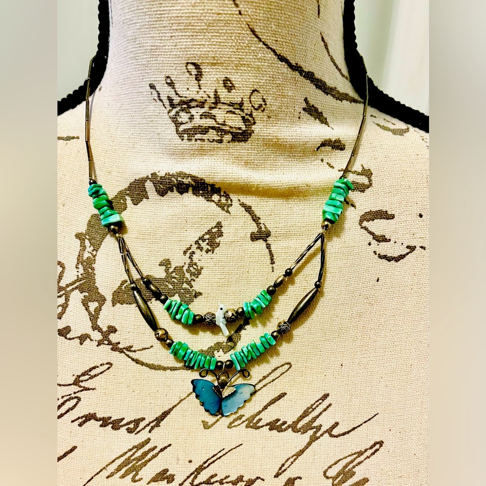 VINTAGE Native American Artisan Butterfly Necklace Liquid Silver Abalone